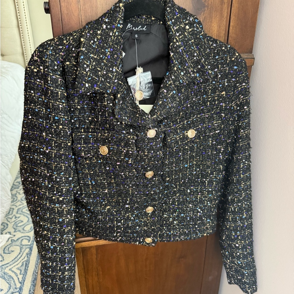 NWT Marled Shimmer Black and Gold Tweed Cropped Blazer